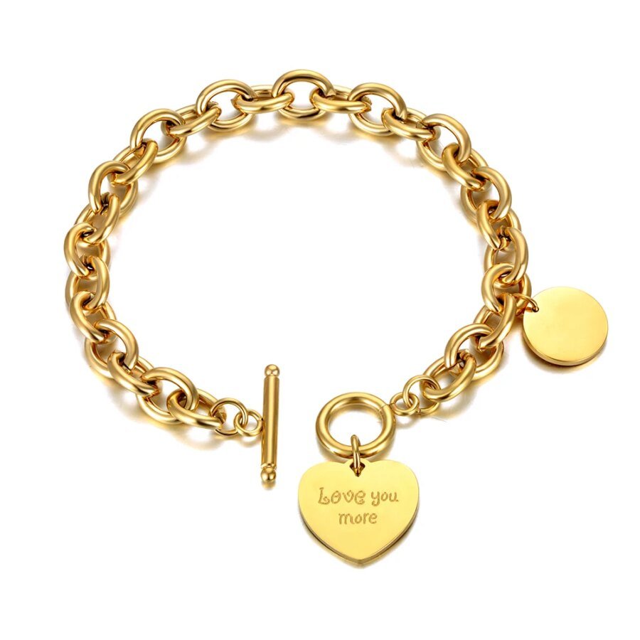 Chic "Love You More" Heart Charm Bracelets - Trendy Titanium Stainless Steel, Hyperbole Chain Link Design, Jewelry for Women