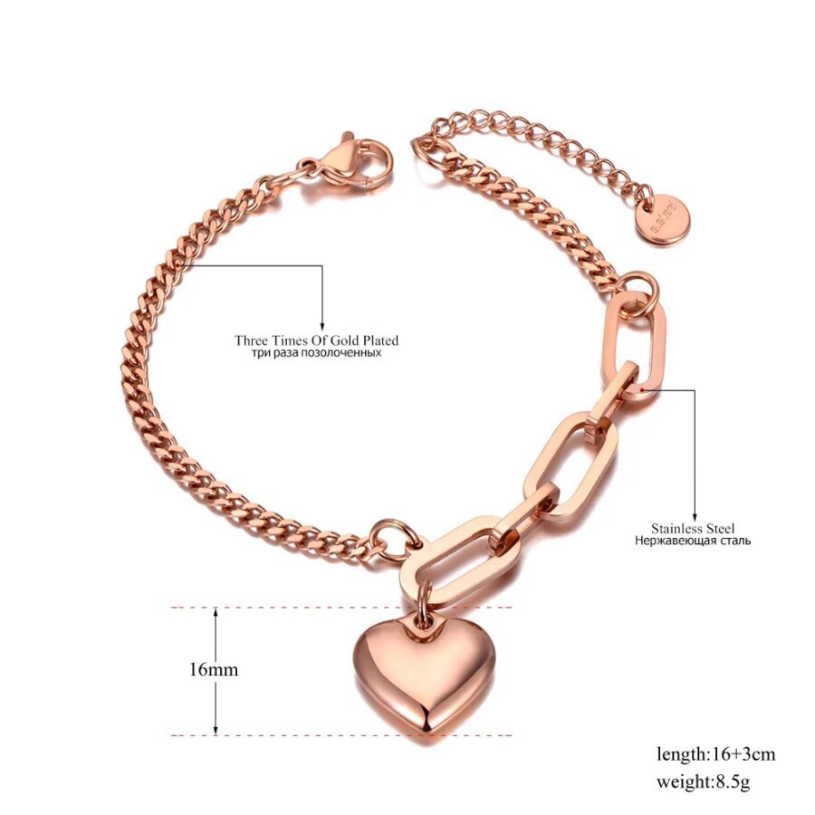 Original Design Love Heart Charm Bracelet - Titanium Stainless Steel Bohemia Chain Link Bracelets for Women, Fashion Jewelry