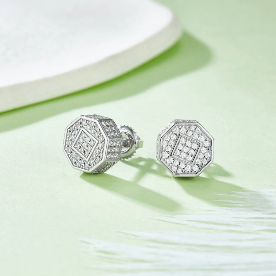 Men's Small Iced Moissanite Earrings - 925 Sterling Silver, Hip Hop Octagon Cluster, Screw Back Studs