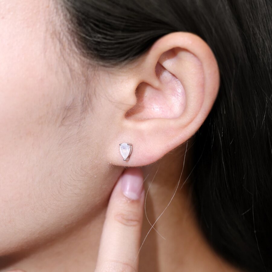 Pear Shape Milky Blue Moonstone Stud Earrings – 925 Sterling Silver, Rose Gold Accent, June Birthstone for Women