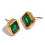 Square Geometric White Green Cubic Zirconia CZ Bling Stud Earrings - Stainless Steel, Waterproof Charm, Women's Basic Jewelry