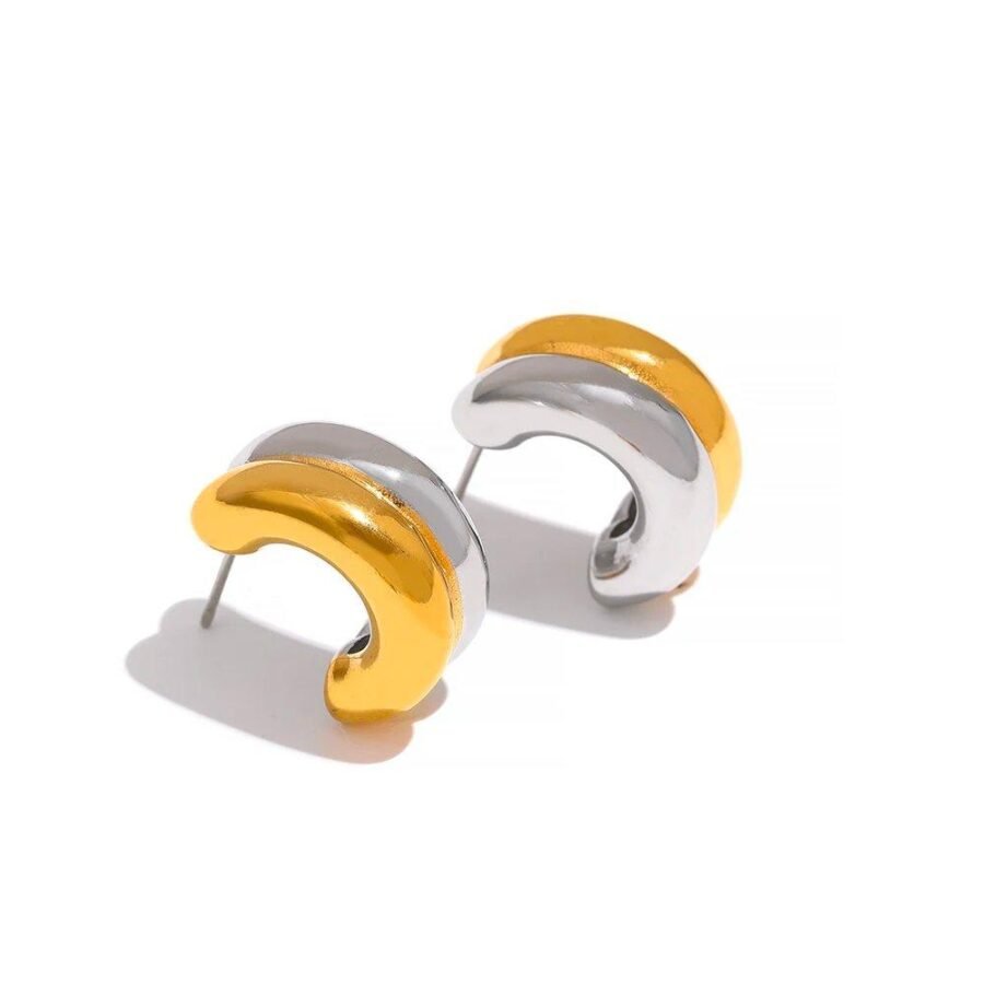 New Minimalist Gold Silver Double Color Stainless Steel Charm Stud Earrings - Tarnish Free, Fashion Temperament Jewelry