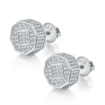 Men's Small Iced Moissanite Earrings - 925 Sterling Silver, Hip Hop Octagon Cluster, Screw Back Studs