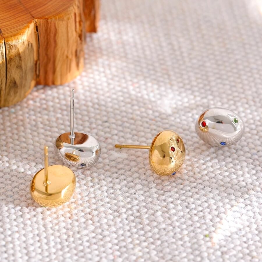 18K Gold Plated Minimalist Stainless Steel Round Ball Stud Earrings - Colorful Zircon, Waterproof, Daily Jewelry for Women