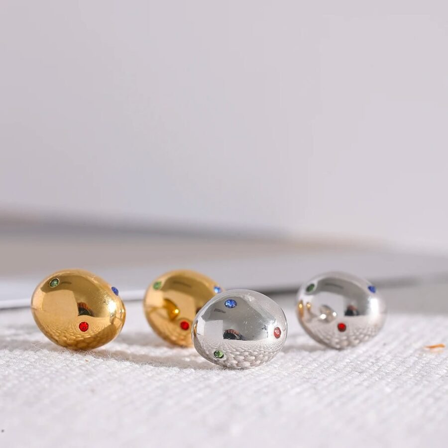 18K Gold Plated Minimalist Stainless Steel Round Ball Stud Earrings - Colorful Zircon, Waterproof, Daily Jewelry for Women