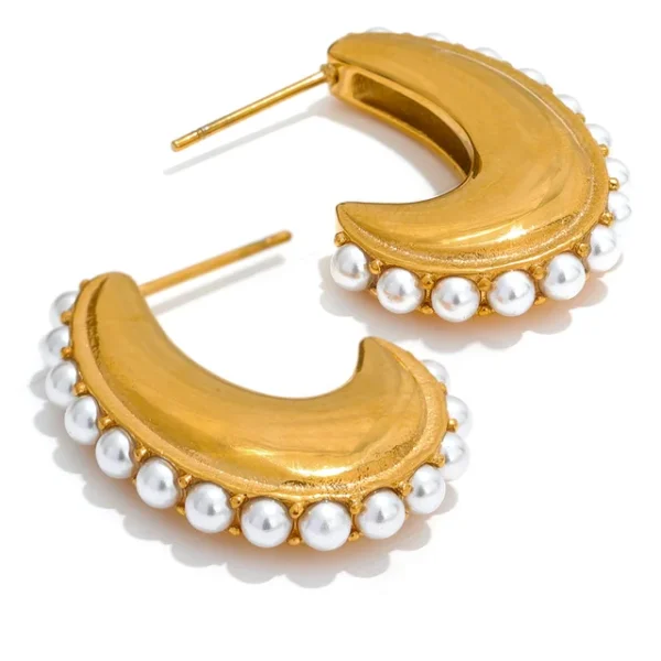 Imitation Pearl Hoop Earrings: Stainless Steel, Gold Color, Cashew Geometric, Women's Elegant Palace Fashion Jewelry Gift