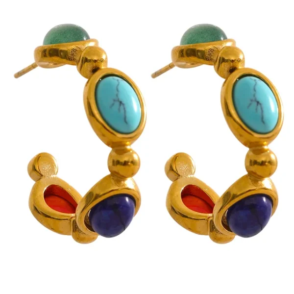 Natural Stone Vintage Hoop Earrings - 316L Stainless Steel, Colorful, PVD 18k Plated, High-Quality Fashion Jewelry