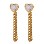 Heart Dangle Chain Earrings: AAA Cubic Zirconia, Stainless Steel Jewelry, Metal Golden Party, Pendientes Mujer Gift