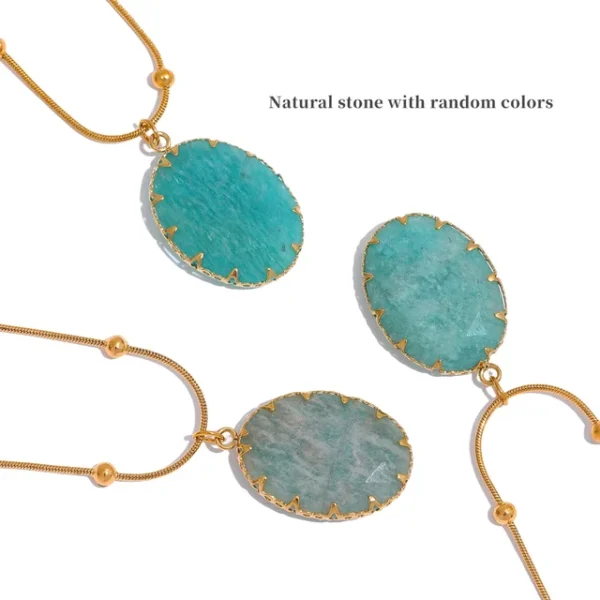 New Chic Fashion: Blue Natural Amazonite Stone Pendant Stainless Steel Collar Necklace for Women - Waterproof Charms Jewelry
