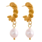 Charm Twisted Texture Pearl Drop Earrings: Stainless Steel, Stylish Golden PVD, Waterproof Jewelry for Women - Aretes