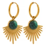 Waterproof Stainless Steel Green Stone Leaves Hoop Earrings: Charm, Gold Color, Trendy Metal, France Chic Jewelry