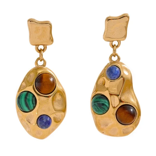 Colorful Natural Stone Statement Earrings: Stainless Steel, ZA Charm, Waterproof, Trendy Jewelry - Aretes De Mujer