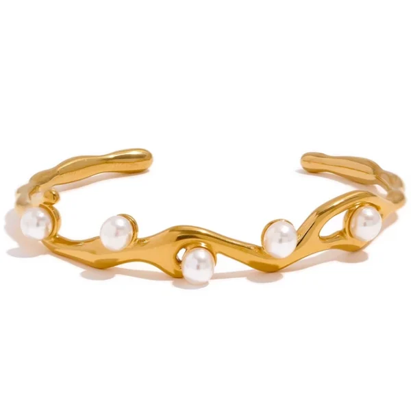 Elegant Imitation Pearls Twist Cuff Bracelet: Gold Color Stainless Steel, Waterproof Charm Jewelry, Women Gift