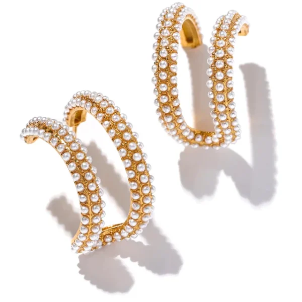 Elegant Imitation Pearls Hoop Earrings: Stainless Steel, Gold Color, 18K Plated, Fashion Romantic Charm Jewelry for Women Gift