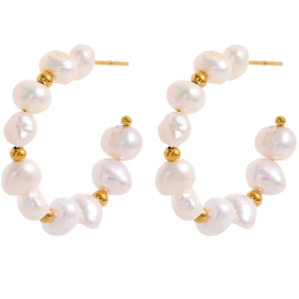 Elegant Irregular Pearl Bead Hoop Earrings - Stainless Steel, Charm, 18k Gold Plated, Fashion Jewelry for Women