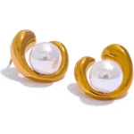 Fashion Shell Pearl Geometric Stud Earrings - Stainless Steel, Gold Color, Exquisite Texture, 18K PVD Plated, Korean Jewelry