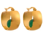 Green Agate Stone Huggie Hoop Earrings: Stainless Steel, 18K Gold Plated, Waterproof Charm Jewelry