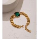 Punk Fashion Bracelet: Green Crystal Stainless Steel Gold Bangle for Women, Hip Hop Thick Chain, 18K Plated, New Trendy Accessories