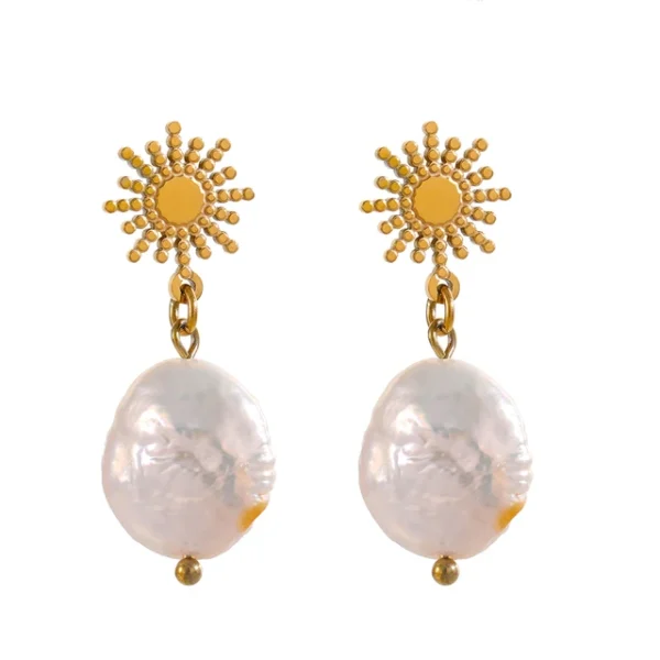 Freshwater Pearl Dangle Earrings - Stainless Steel, Sun Celestial Design, Women's Aretes De Mujer Gift
