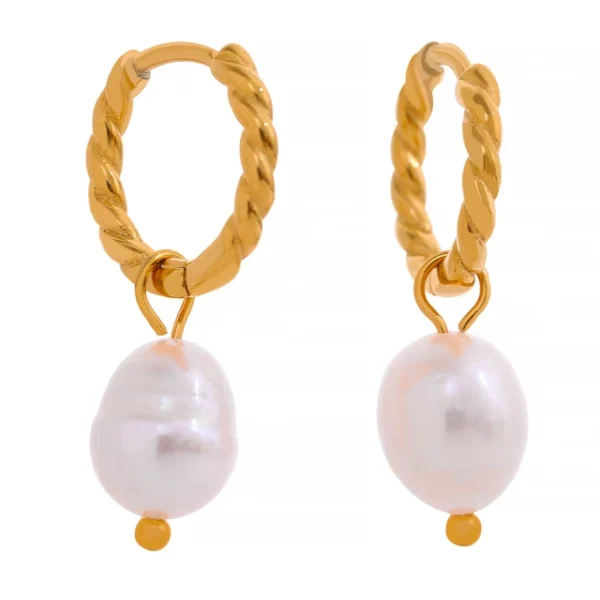 Natural Pearl Twist Hoop Earrings - 316 Stainless Steel, 18k Gold PVD Plated, Waterproof Charm Jewelry