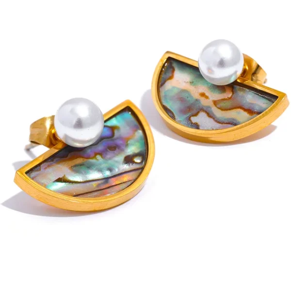 New Vintage Shell Geometric Stud Earrings: Stainless Steel, Fashion Imitation Pearls, 18K Gold Color Plated Jewelry