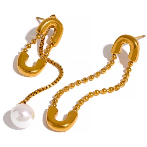 Gold Color Asymmetrical Chain Earrings - Stainless Steel, Imitation Pearl Drop, Tarnish-Free Fashion