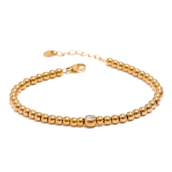 Golden Metal Charm: Stainless Steel Bead Chain Bangle Bracelet with Cubic Zirconia – Trendy and Waterproof