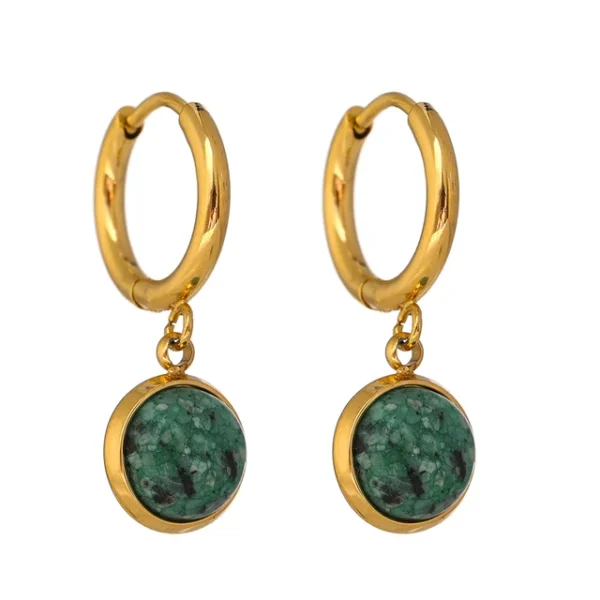 Green Natural Stone Hoop Earrings: Stainless Steel, New Golden Metal, Geometric Charm Jewelry - Joyería Acero Inoxidable Mujer