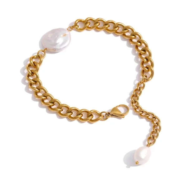 Stainless Steel Natural Pearl Bracelet - Minimalist Chain Design - Gold Metal - Women's 18 K Plated Fashion Jewelry - Office-Ready and Waterproof