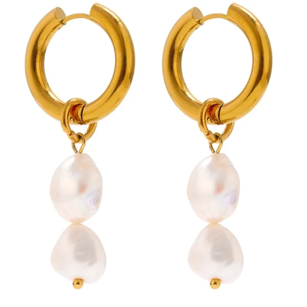 Natural Pearl Hoop Earrings - Stainless Steel, Charm, Metal Texture, Geometric Fashion Jewelry