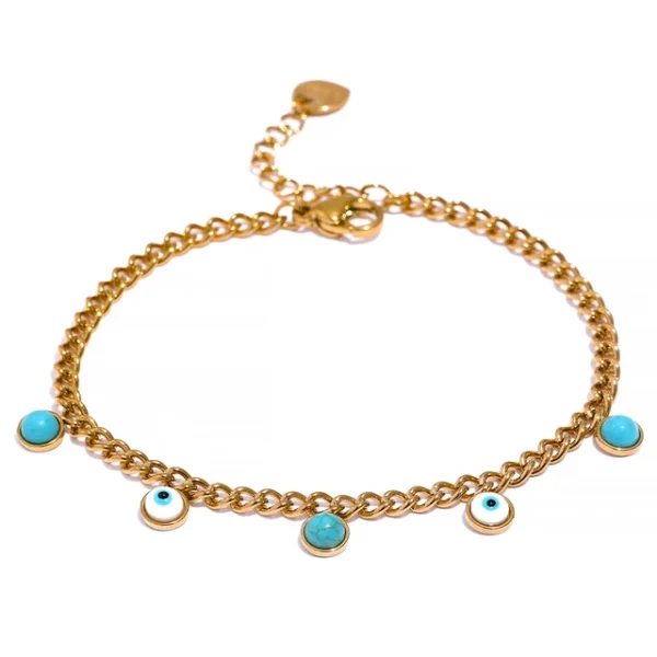 Stainless Steel Turquoise Stone Resin Eye Charm Fashion Bracelet - Golden Daily Trendy Jewelry for Female