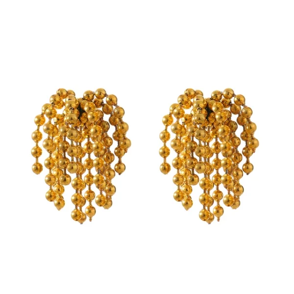 Statement Tassel Bead Fireworks Stud Earrings - Gold Stainless Steel, Waterproof Fashion Jewelry, 18K Plated, Metal, Women's