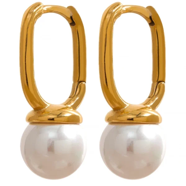 Bright Shell Pearl Huggie Hoop Earrings - Stainless Steel, 18K Gold Color, Stylish, High Quality