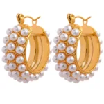 Elegant Imitation Pearls Huggie Hoop Earrings - Stainless Steel, 18K Plated, Golden Charm