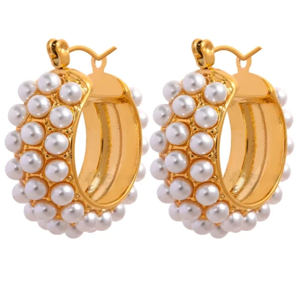 Elegant Imitation Pearls Huggie Hoop Earrings - Stainless Steel, 18K Plated, Golden Charm